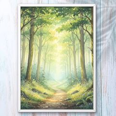 トランスルー　A1 木漏れ日の森の小道｜幻想的 水彩×水墨画アート A4 木漏れ日の森の小道｜幻想的 水彩×水墨画アート 自然、風景画