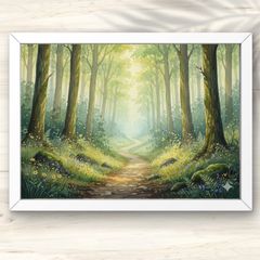 A4 木漏れ日の森の小道｜幻想的 水彩×水墨画アート 自然、風景画