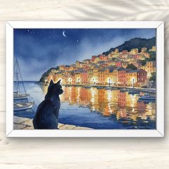 A4 港町の夜と黒猫が紡ぐ静寂の物語 水彩風アート ウォールアート