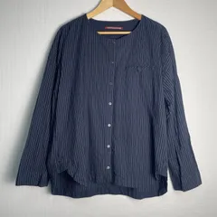 COMPTOIR DES COTONNIERS コンプトワールデコトニエ ノーカラーシャツ ストライプ柄 長袖 コットン70%モダール30% リネン混 ネイビー サイズ3　NB155のサムネイル