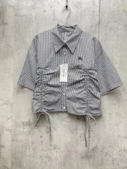 新品 MONO-MART モノマート ギンガムチェック ワンポイント刺繍シャーリングストライプ半袖 シャツ シンプル 大人可愛いsizeF/ブラック ■◆ レディースのサムネイル
