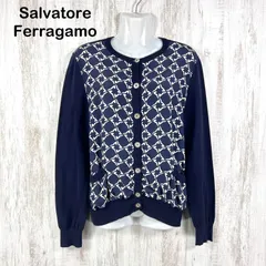 Salvatore Ferragamo サルヴァトーレフェラガモ 総柄 シルク切替 カーディガン ネイビーのサムネイル