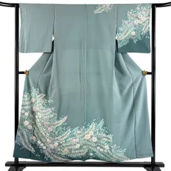 訪問着 身丈155cm 裄丈62.5cm S 袷 辻が花柄 絞り 薄緑 正絹 秀品 【中古】のサムネイル