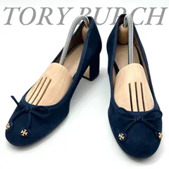 【B5862】 【美品】 トリーバーチ パンプス ネイビー スエード リボン ラウンドトゥ チャンキーヒール ダブルTロゴ レディースのサムネイル
