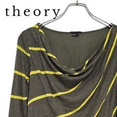 theory セオリー カーキ イエロー レディース ドレープ カットソー S 麻混 リネン ボーダー アシンメトリー 長袖 Tシャツ ブラウス トップス 美品 上品 オフィスカジュアル キレイめ おしゃれ 春 秋 480KJ