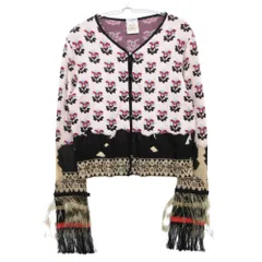 CHANEL シャネル カーディガン ニット ジャケット Vネック 長袖 フリンジ フェザー 羽装飾 ココマークボタン 総柄 03A ピンクベージュ 42【L】 レディース 【中古】のサムネイル