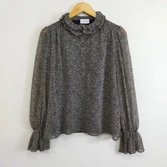 MAXMARA MARELLA マレーラ 総柄 ブラウス シャツ フリルネック シフォン 長袖 キャンディースリーブ くるみボタン ドット ダルメシアン柄 フレア モード クラシック ナチュラル ブラック  グレー サイズ42 G659のサムネイル