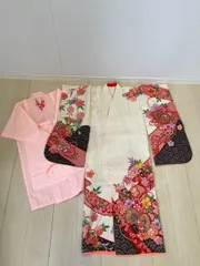 クリーニング済み七五三 3歳 女の子 着物 被布セット 白 花柄 ピンク 753　0723-4のサムネイル