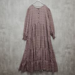 La-gemme ワンピース  ティアードロングワンピース　ブラウン系 花柄 古着 レディース ウエストひもあり　裏地付き　ポケットなし