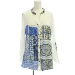 デシグアル Desigual シャツ ブラウス L 白 紺 パッチワーク柄 スタンドカラー 長袖 バックレース /JPのサムネイル