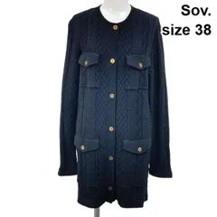 ◆ ソブ Sov. ニットカーディガン ジャケット ロング丈 長袖 金ボタン ケーブル編み 黒 綿 38 M 9号 レディース S6I262のサムネイル