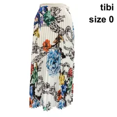 □ ティビ tibi プリーツスカート ロング丈 プリント 花 ロープ コラージュ柄 裏地あり 白地 マルチカラー 0 XS～S 7号 レディース Z6D321のサムネイル