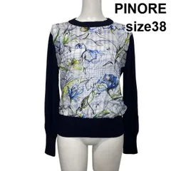 ◆ ピノーレ PINORE 異素材切替ニット 長袖 クルーネック 花柄プリント トップス 黒 ブラック 綿混 コットン混 38 M 9号 レディース S6I227のサムネイル