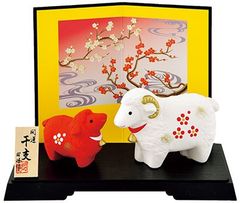 干支　未　開運紅白梅福親子羊