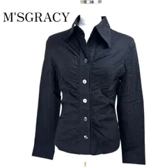 M'SGRACY　エムズグレーシー　ギャザー入り　レギュラーカラーシャツ 7分袖　 黒　ブラック 　ストライプ　38号　　細身のサムネイル