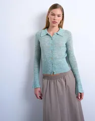 トップショップ レディース アウター カーディガン シアー ニット Topshop knit sheer collared cardigan in mint ミントのサムネイル