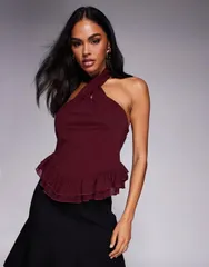 エイソス レディース トップス タンクトップ フリル ホルター ASOS DESIGN twisted halter neck ruffle top Tawny バーガンディのサムネイル