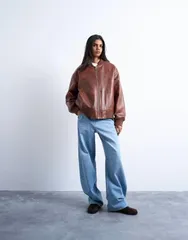 トップショップ レディース アウター ジャケット・ブルゾン ヴィンテージ レザー フェイクレザー ジャケット Topshop faux leather vintage wash oversized cのサムネイル
