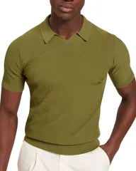 テッドベーカー メンズ トップス ポロシャツ ニット Ted Baker Aindrea Textured Rib Open Neck Knitted Polo Shirt Green グリーンのサムネイル