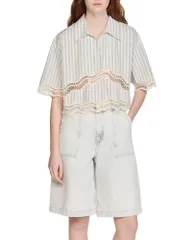 サンドロ レディース トップス シャツ コットン クロップド Sandro Cropped Striped Cotton Shirt Ecru Bleu エクリュのサムネイル