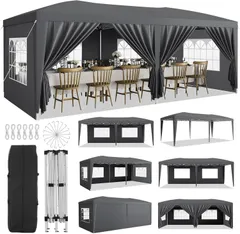 ワンタッチタープテント 3m×6m 高さ調節 サイドシート付属 UVカット 防水 キャンプ アウトドア 集会 収納袋付き グレー | 遮熱 防風設計 ドア付属 ワンタッチ簡単設営 大型 3段階高さ調節可能のサムネイル