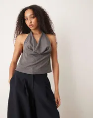 マンゴ レディース トップス タンクトップ ドレープ ホルター Mango hotfix halterneck drape detail top Gray グレーのサムネイル