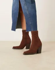 エイソス レディース シューズ ブーツ・レインブーツ スエード アンクル ブーツ ASOS DESIGN Emrys western sock ankle boots in chocolate sueのサムネイル