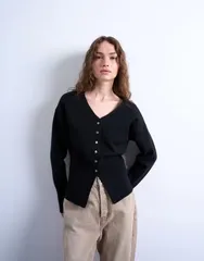 トップショップ レディース アウター カーディガン Vネック ニット Topshop knit Vneck longline compact fitted waist cardigan Black ブのサムネイル