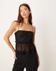 エイソス レディース トップス タンクトップ フリル レース ASOS DESIGN square neck lace cami with ruffle trim Black ブラックのサムネイル