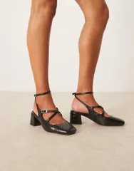 エイソス レディース シューズ ヒール ASOS DESIGN Wide Fit Simone buckle strap detail mid block heel shoes croc BLACKのサムネイル