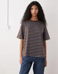 モンキ レディース トップス Tシャツ Monki short sleeve Tshirt in chocolate and blue stripe Blue Stripe ブルーのサムネイル