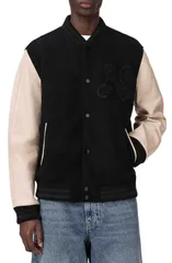 オールセインツ メンズ アウター ジャケット・ブルゾン ウール レザー AllSaints Holloway Wool Leather Varsity Bomber Jacket Black Whitのサムネイル
