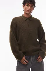 トップマン メンズ トップス ポロシャツ セーター Topman Oversize Long Sleeve Sweater Polo Khaki カーキのサムネイル