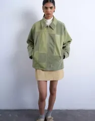 トップショップ レディース アウター コート パッチワーク スエード ジャケット Topshop faux suede patchwork zip up jacket GREEN グリーンのサムネイル