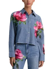 アリスアンドオリビア レディース トップス シャツ クロップド Alice and Olivia Finely Cropped Oversized Shirt Denver Bright Blue ブのサムネイル