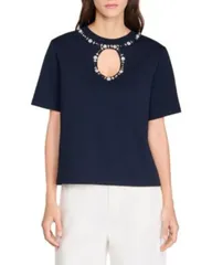 サンドロ レディース トップス Tシャツ Sandro Rhinestone Open Work Tee Navy Blue ネイビーのサムネイル