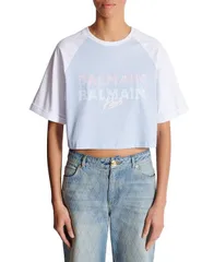 バルマン レディース トップス シャツ プリント Tシャツ クロップド Cropped TShirt with Balmain Paris Print Blue ブルーのサムネイル