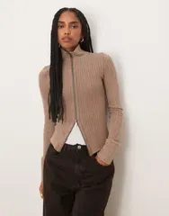 フリーピープル レディース アウター カーディガン Free People brunch girlong sleeve zip up cardigan in dusted cocoa DUSTED Cのサムネイル