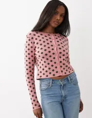 エイソス レディース アウター カーディガン ドット クロップド ニット ASOS DESIGN knit cropped cardigan polka dots pink ピンクのサムネイル