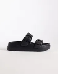 エイソス レディース シューズ サンダル ASOS DESIGN Wide Fit Finn flatform double buckle slides Black ブラックのサムネイル