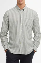 バブアー メンズ トップス シャツ コットン ダウン リネン Barbour Nelson Tailored Fit Stripe Linen Cotton ButtonDown Shirt Bleaのサムネイル