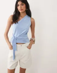 エイソス レディース トップス Tシャツ ASOS DESIGN one shoulder top with tie waist detail BLUE ブルーのサムネイル
