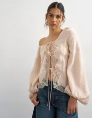 トップショップ レディース トップス シャツ タイディテール レーストリム ブラウス レース Topshop off shoulder tie detailace trim blouse in ecrのサムネイル
