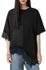 オールセインツ レディース トップス シャツ レーストリム コットン レース AllSaints Lenny Oversize Lace Trim Cotton TShirt Black ブラックのサムネイル