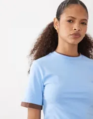 エイソス レディース トップス Tシャツ ASOS DESIGN short sleeve double layer top in light blue and chocolate BLUE CHOCのサムネイル