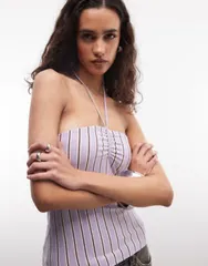 モンキ レディース トップス Tシャツ ホルター Monki tie back halter top in lilac and white stripes Lilac ライラックのサムネイル