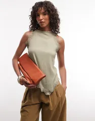 リバーアイランド レディース トップス シャツ レーストリム レース ホルター River Island lace trim halterneck textu red top Khaki カーキのサムネイル