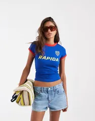 エイソス レディース トップス Tシャツ グラフィック ASOS DESIGN Baby tee with soccer graphic and BLUE ブルーのサムネイル