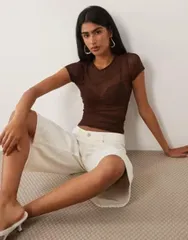 エイソス レディース トップス シャツ メッシュ シアー ASOS DESIGN sheer mesh baby tee in chocolate チョコレートのサムネイル