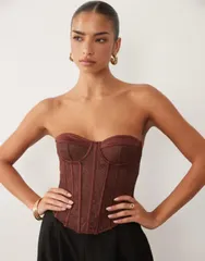 エイソス レディース トップス シャツ レース ASOS DESIGN lace mix detailing corsetop with boning in chocolate チョコレートのサムネイル